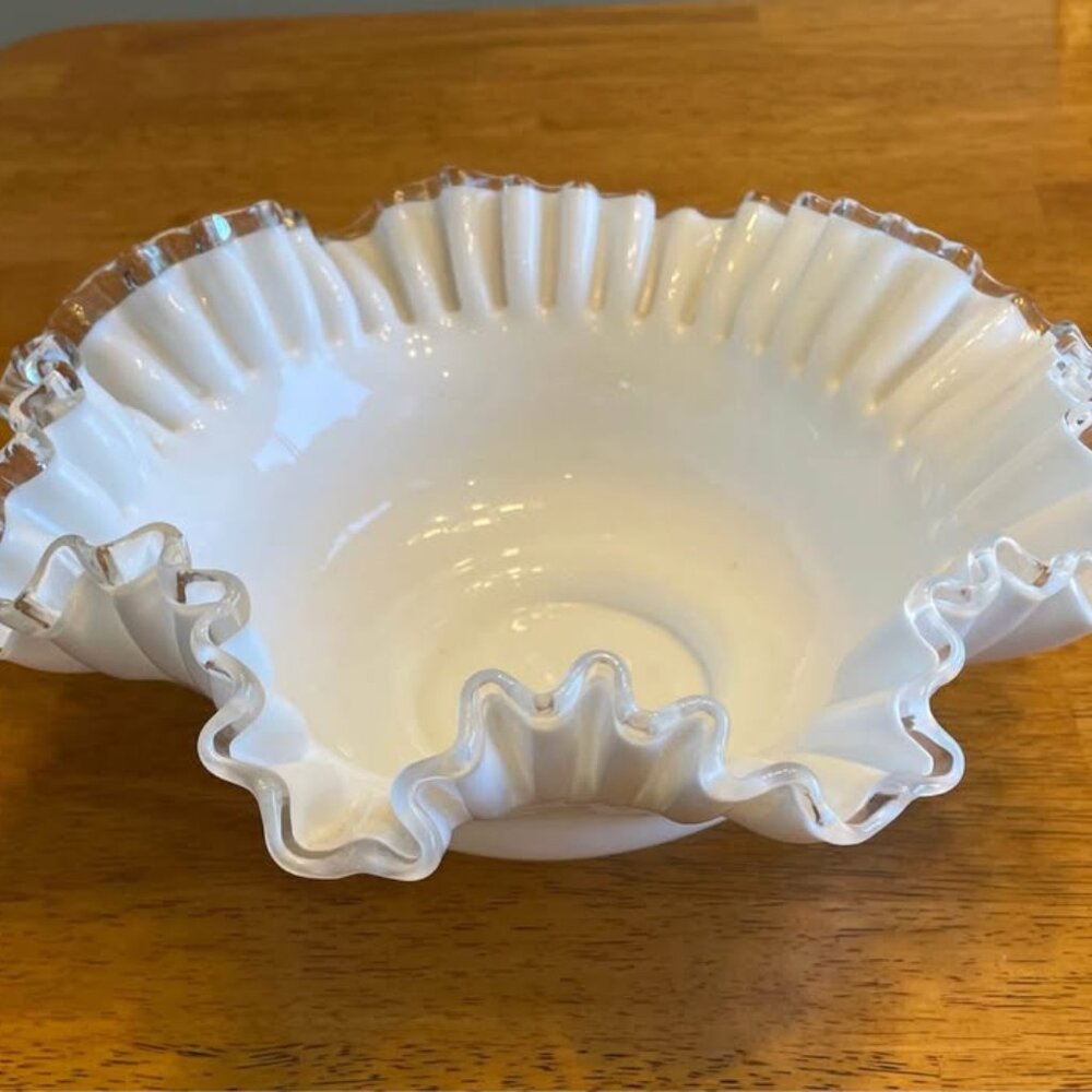 Fenton Vintage Milk Glass Silver Crest Ruffled Crimped Edge Bowl 1940's